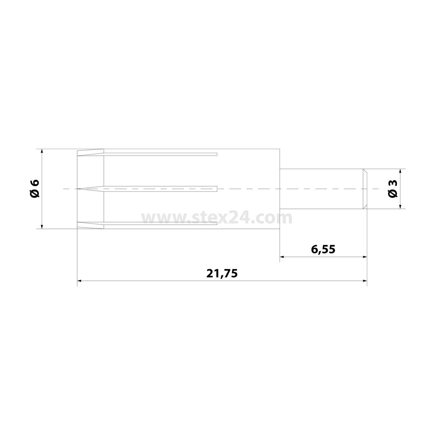 Eine technische Zeichnung eines zylindrischen Metallstifts, 21,75 mm lang, 6 mm Durchmesser, verjüngend sich auf 3 mm, mit beschrifteten Maßen.