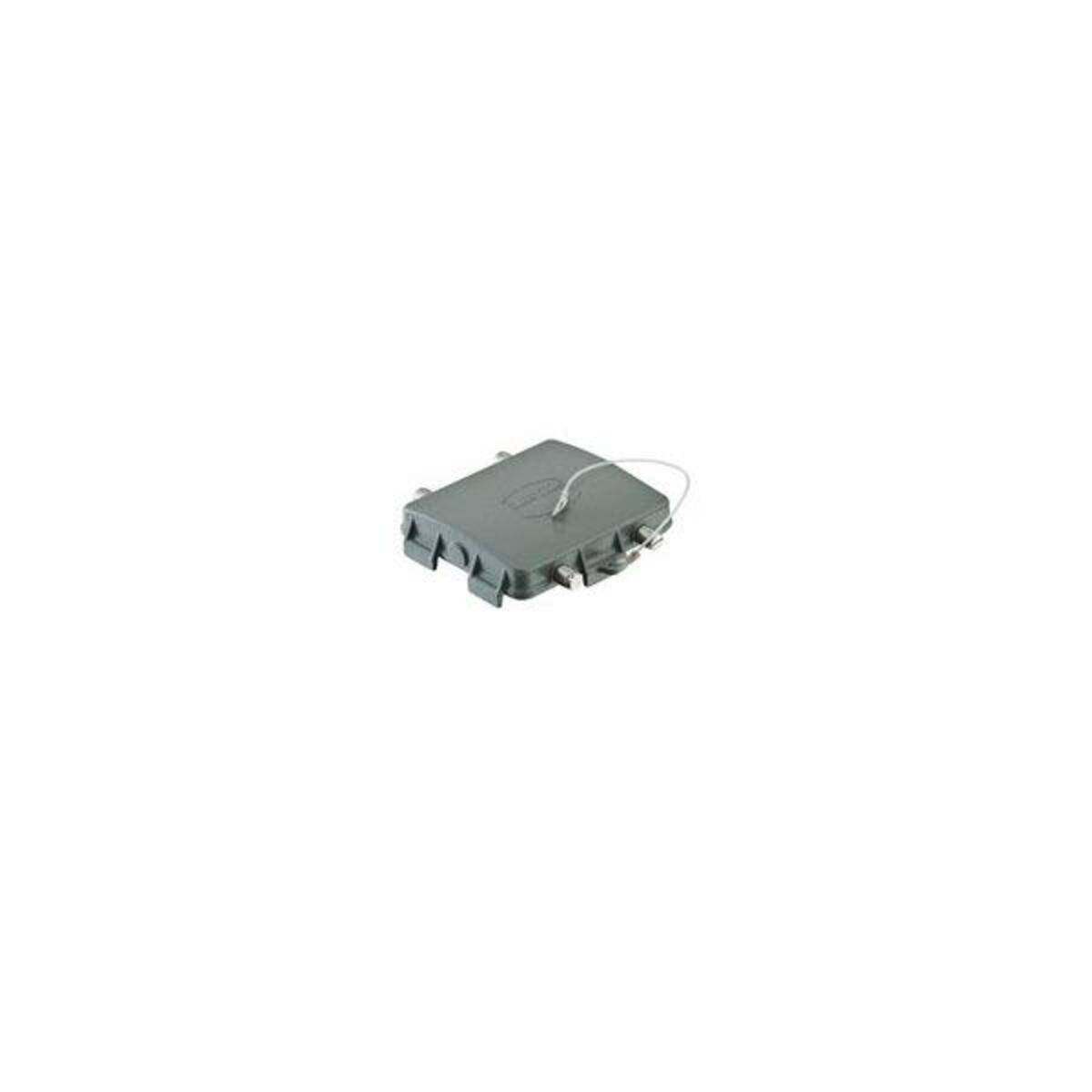 Kleiner grauer elektronischer Stecker oder Port-Adapter mit angeschlossenem Kabel, isoliert auf weißem Hintergrund dargestellt.
