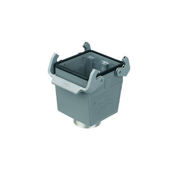 Rechteckige Metallkomponente für elektrische Anschlüsse mit zwei seitlichen Verschlussklinken, konstruiert für industrielle Verbindungen. Graue Außenhülle mit schwarzem Innenbereich.