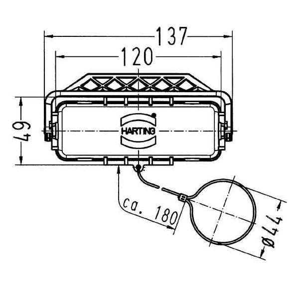 Eine technische Zeichnung eines rechteckigen Anschlusses mit der Bezeichnung 'HARTING' mit den Abmessungen: 137 mm Breite, 49 mm Höhe und 120 mm Innenbreite.