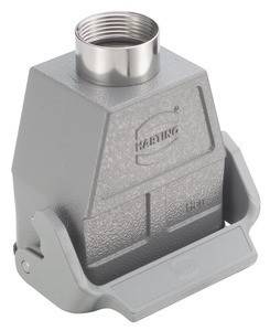 Industrielles Anschlussgehäuse mit metallischer Oberfläche, ausgestattet mit einer Montageklemme und dem 'Harting' Logo. Geeignet für sichere elektrische Verbindungen.