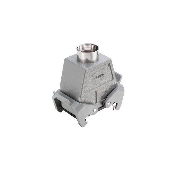 Robustes industrielles Anschlussgehäuse mit Obereingang und zwei seitlichen Verriegelungen, gekennzeichnet mit HARTING, für sichere elektrische Verbindungen.