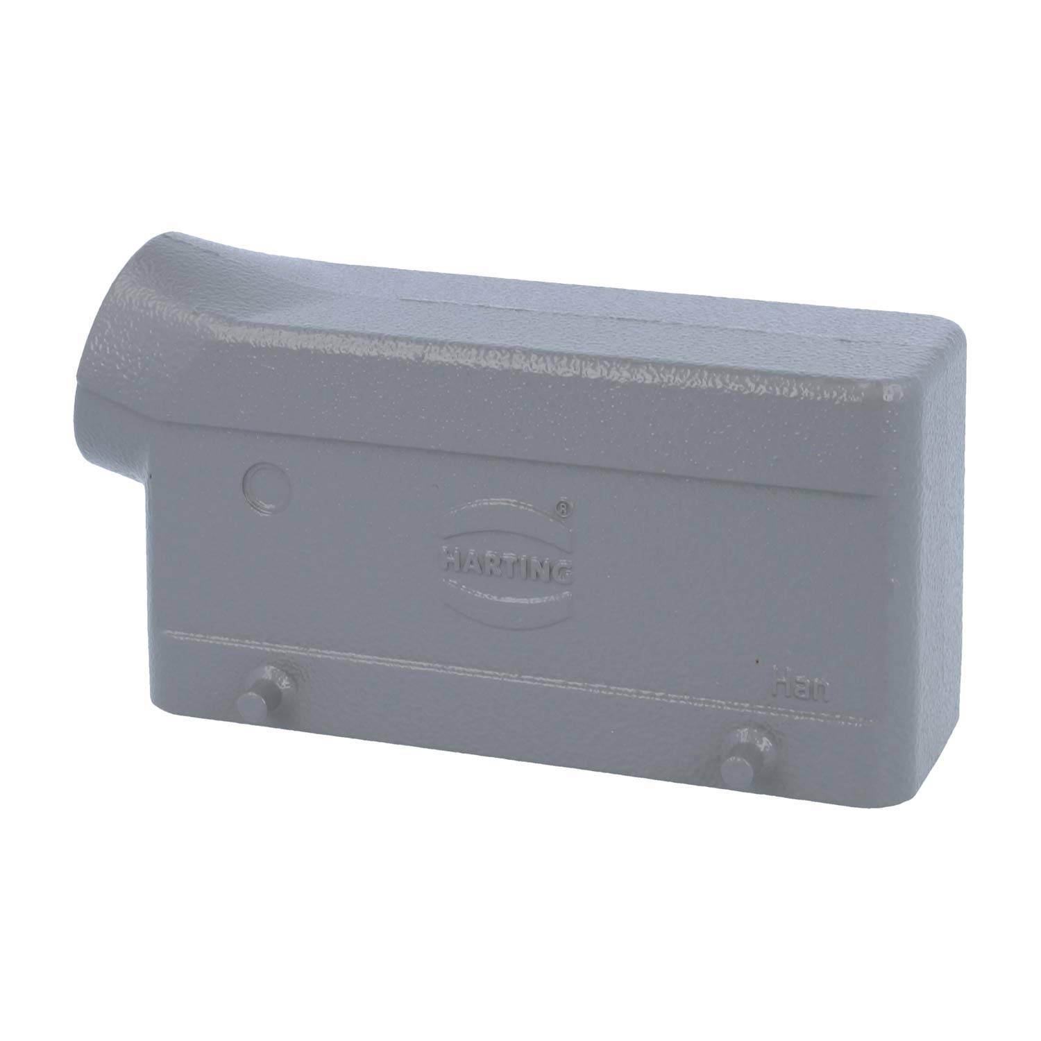 Ein graues, rechteckiges elektronisches Steckergehäuse mit dem auf der Seite eingepräägten Markennamen „HARTING