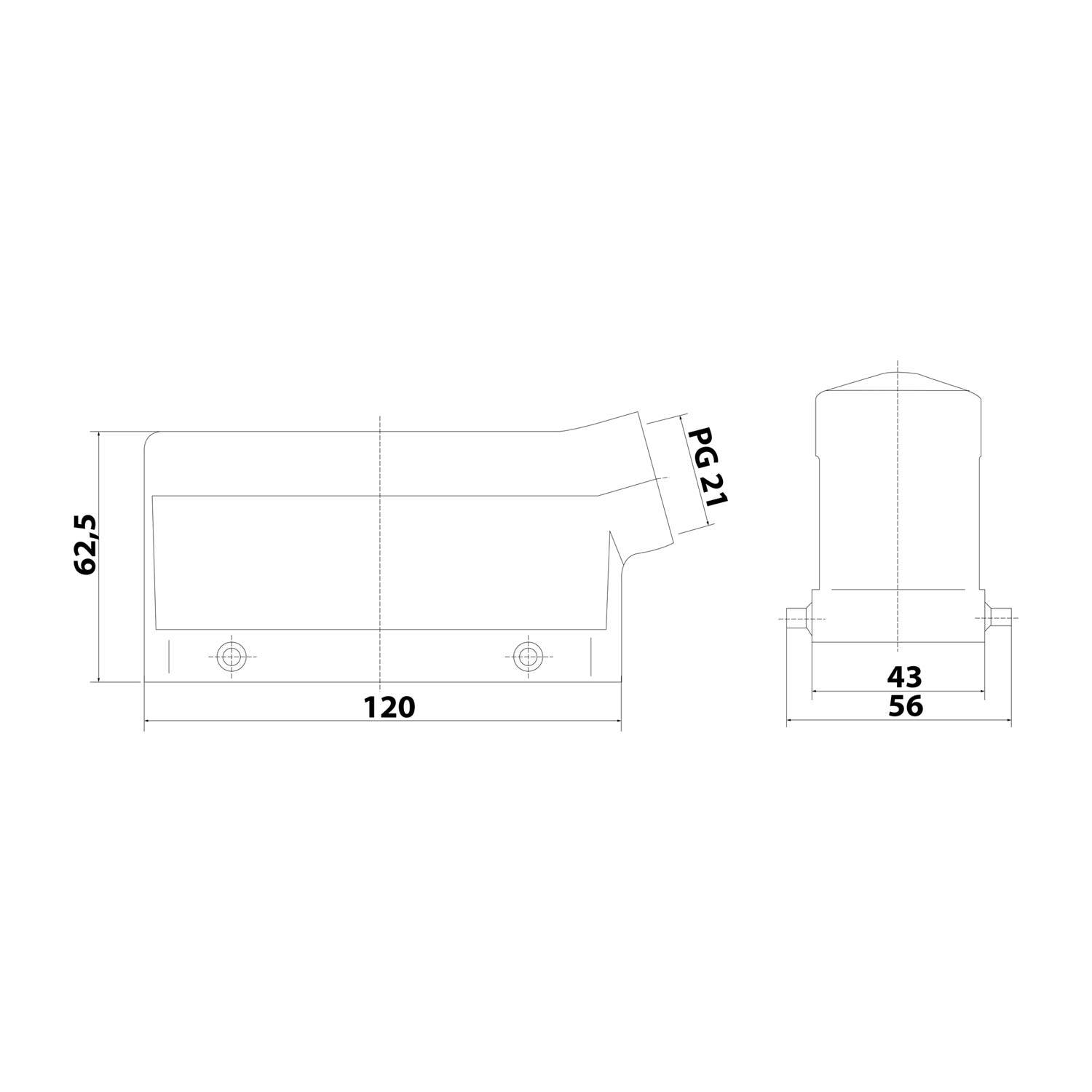 Technische Zeichnung eines mechanischen Teils mit Abmessungen: 62,5, 120, 56, 43 und PG21 auf dem Bild beschriftet.
