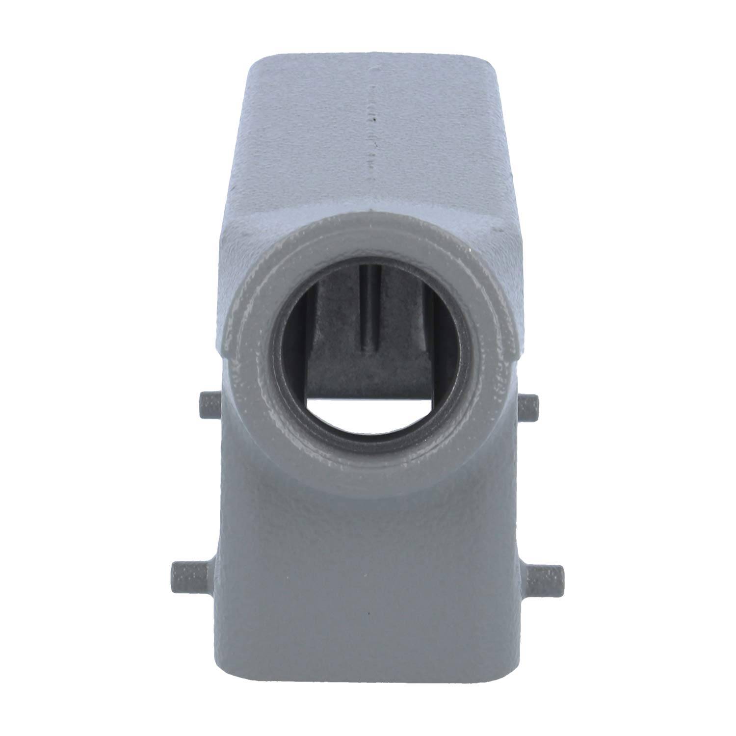 Eine graue Metallhalterung mit einer kreisförmigen Öffnung in der Mitte, die auf jeder Seite vorstehende Laschen aufweist, wahrscheinlich zur Montage oder Befestigung verwendet.