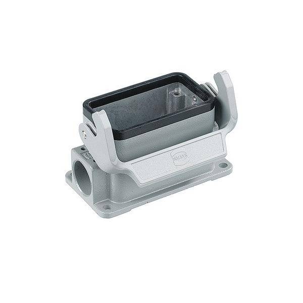 Ein grau-metallisches rechteckiges Anschlussgehäuse mit zwei Verriegelungen an den Seiten, das für sichere elektrische Verbindungen verwendet wird.