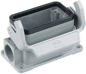 Ein graues industrielles Anschlussgehäuse, dargestellt mit offenen Verriegelungshebeln, konzipiert für eine sichere Einhausung und Montage in elektrischen Systemen.