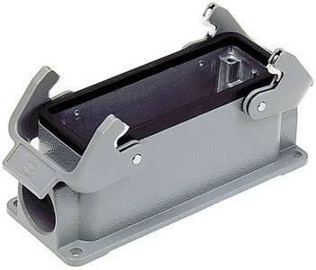 Ein rechteckiges metallisches Anschlussgehäuse mit zwei Verriegelungsclips an den Seiten, verwendet in elektrischen und elektronischen Anwendungen.