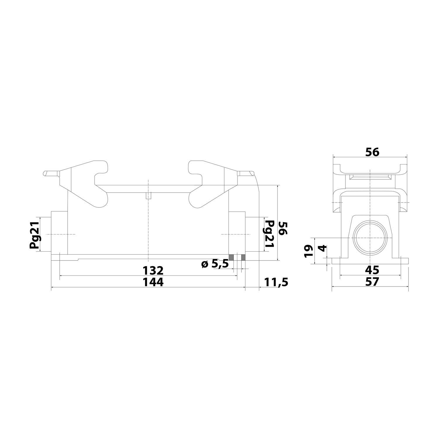 Technische Zeichnung eines Wasserhahns mit Abmessungen: Breite 144 mm, Tiefe 119 mm, Auslaufdurchmesser 5,5 mm, Auslauffhöhe 56 mm, Sockelbratite 57 mm.