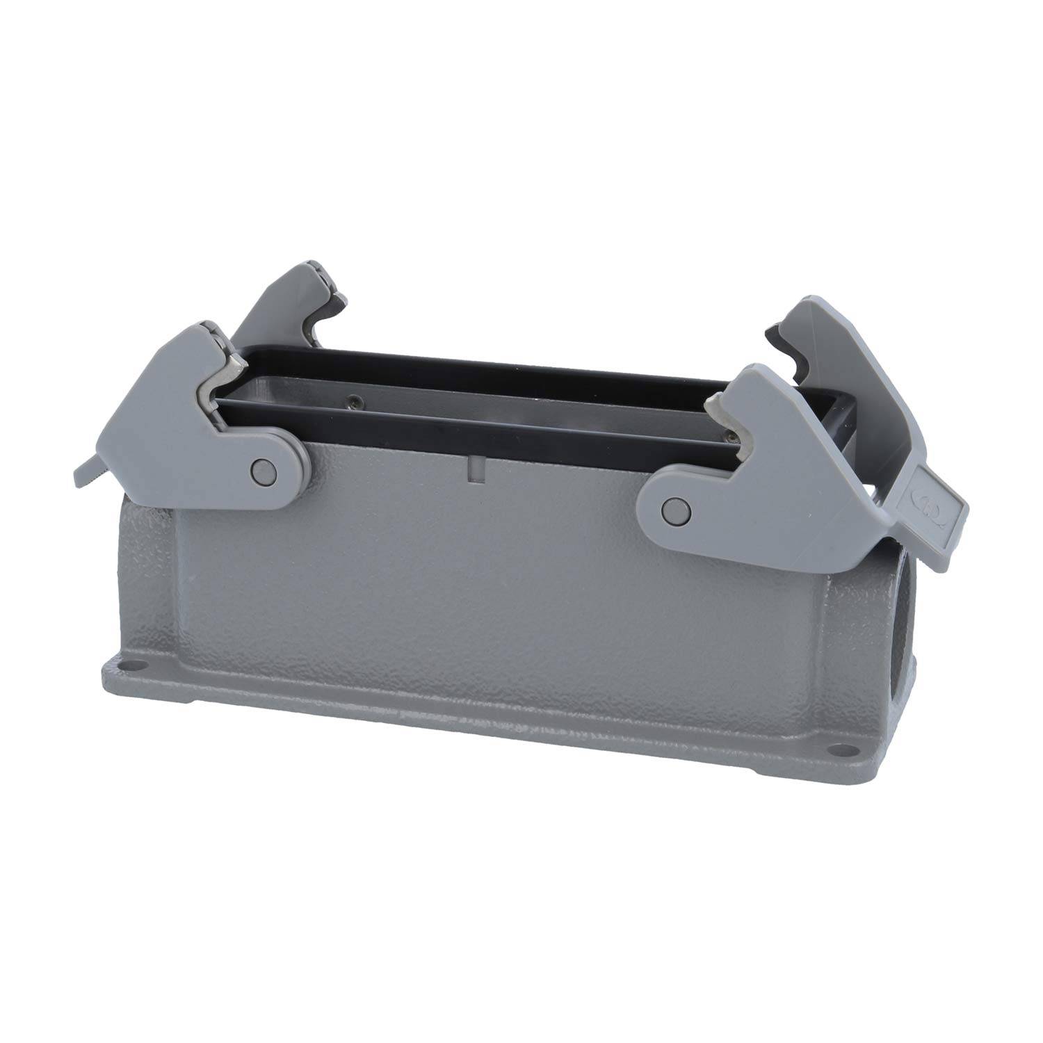 Eine graue Industrie-Gehäusekomponente mit zwei Klammern auf jeder Seite, entwickelt für sichere mechanische oder elektronische Verbindungen.