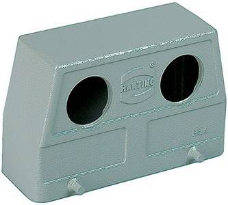 Ein graues industrielles Steckergehäuse mit zwei kreisrunden Öffnungen, geprägt mit dem 'HARTING' Logo, konzipiert für einen Schutzmantel.