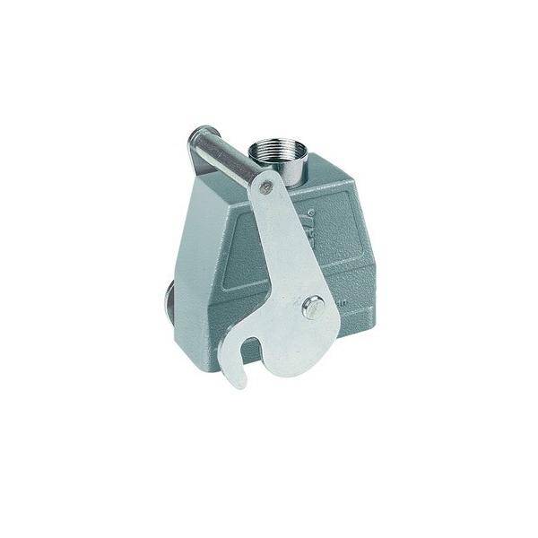 Ein Metallschnellspannhebel, der an einer grauen mechanischen Komponente für sichere Verbindungen befestigt ist.
