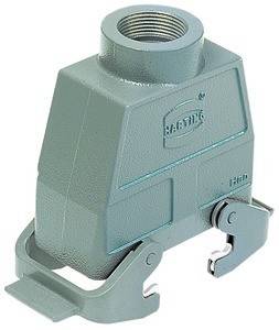 Ein graues industrielles Anschlussgehäuse mit Rastclips, mit der Bezeichnung 'Harting', das für sichere elektrische Verbindungen verwendet wird.