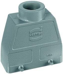 Ein industrielles Metallgehäuse für Verbinder mit rechteckiger Grundfläche, auf der Front mit 'Harting Han' beschriftet, das für elektrische Anschlüsse verwendet wird.