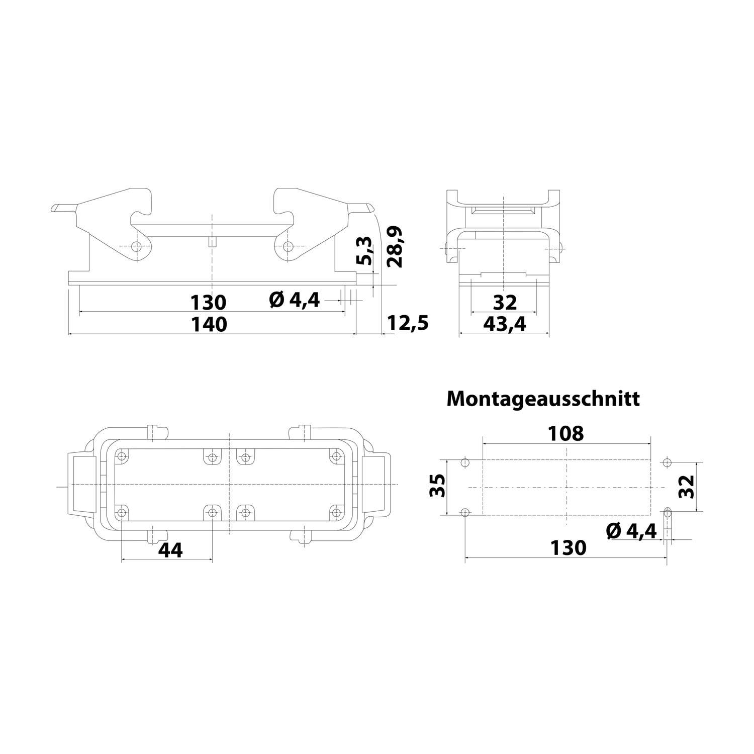 Technische Zeichnung eines Steckers mit detaillierten Abmessungen in Millimetern, einschließlich Längen, Durchmessern und Befestigungsausschnittabmessungen.