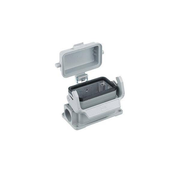 Eine offene graue Elektro-Verteilerdose mit einem Klappdeckel, geeignet zum Schutz von Kabeln oder Verbindungen vor externen Umwelteinflüssen.