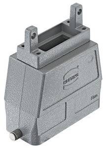 Ein graues industrielles Anschlussgehäuse mit dem Markennamen 'Harting', der darauf geprägt ist. Entwickelt für robuste elektrische Verbindungen.