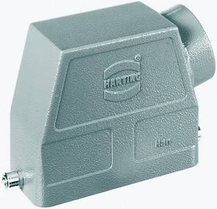 Ein grauer, rechteckiger industrieller Anschlussgehäuse mit der Marke 'Harting' und 'Han', die auf der Oberfläche eingeprägt sind.