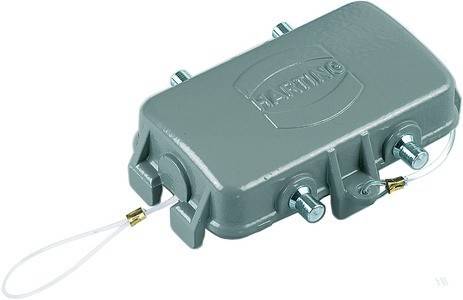 Ein rechteckiges graues elektrisches Anschlussgehäuse mit gerippten Seiten und der Marke 'HARTING', die auf der Oberseite eingeprägt ist.