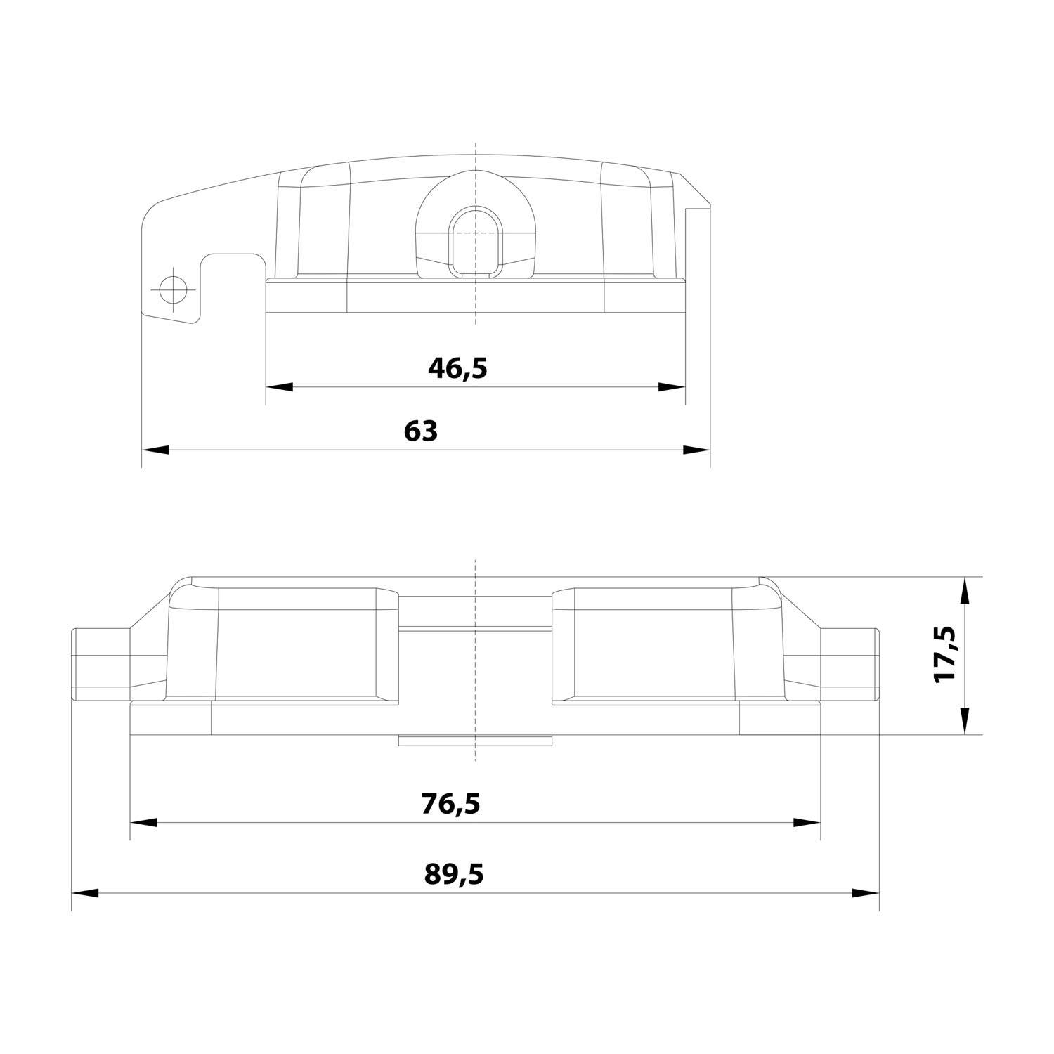 Schemazeichnung einer mechanischen Komponente mit Abmessungen. Draufsicht: Breite 63, Tiefe 46,5. Seitenansicht: Länge 89,5, Höhe 17,5, Tiefe 76,5.