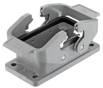 Eine rechteckige Metallklemme mit grauer Basis und zwei verstellbaren Armen, die zum Befestigen oder Festhalten von Objekten verwendet wird.