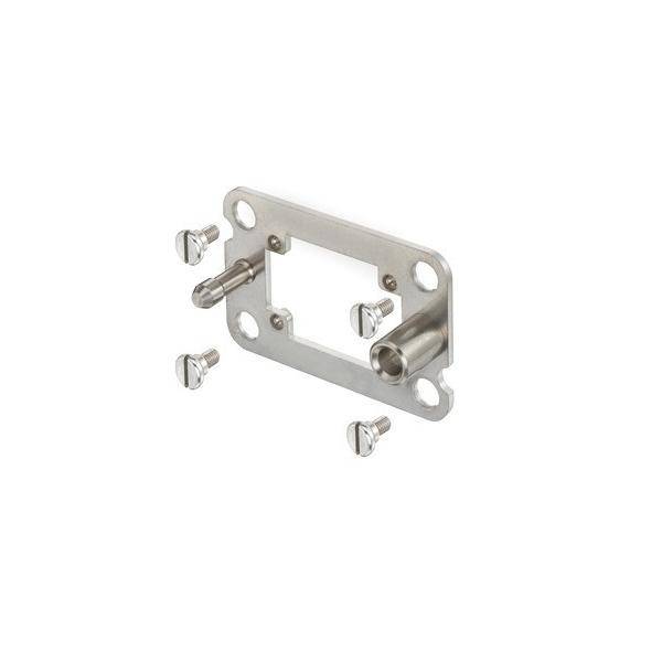 Eine metallische Halterung mit fünf Schrauben, die zwei zylindrische Anschlüsse an gegenüberliegenden Enden aufweist und zur Montage oder Befestigung von Komponenten verwendet wird.