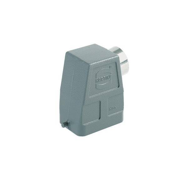 Ein graues industrielles elektrisches Anschlussgehäuse mit Schrägdesign, mit dem Markennamen 'HARTING', der seitlich eingeprägt ist.