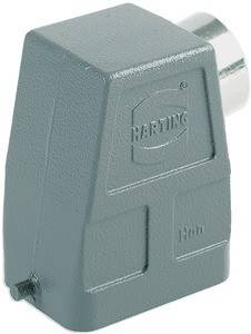 Ein graues elektrisches Anschlussgehäuse mit dem erhaben geprägten Logo 'HARTING' auf der Vorderseite.