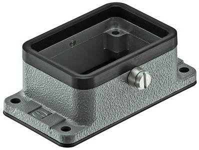 Rechteckige Metallbox mit strukturierter Oberfläche und einer hervorstehenden Schraube an ihrer Seite.
