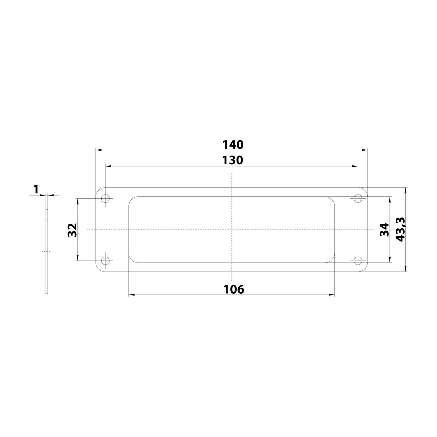 Flache rechteckige Platte Abmessungen: 140 mm Länge, 32 mm Breite, 34 mm Abststand zwischen Schrauben, mit einem zentrierten Schlitz von 106 mm.