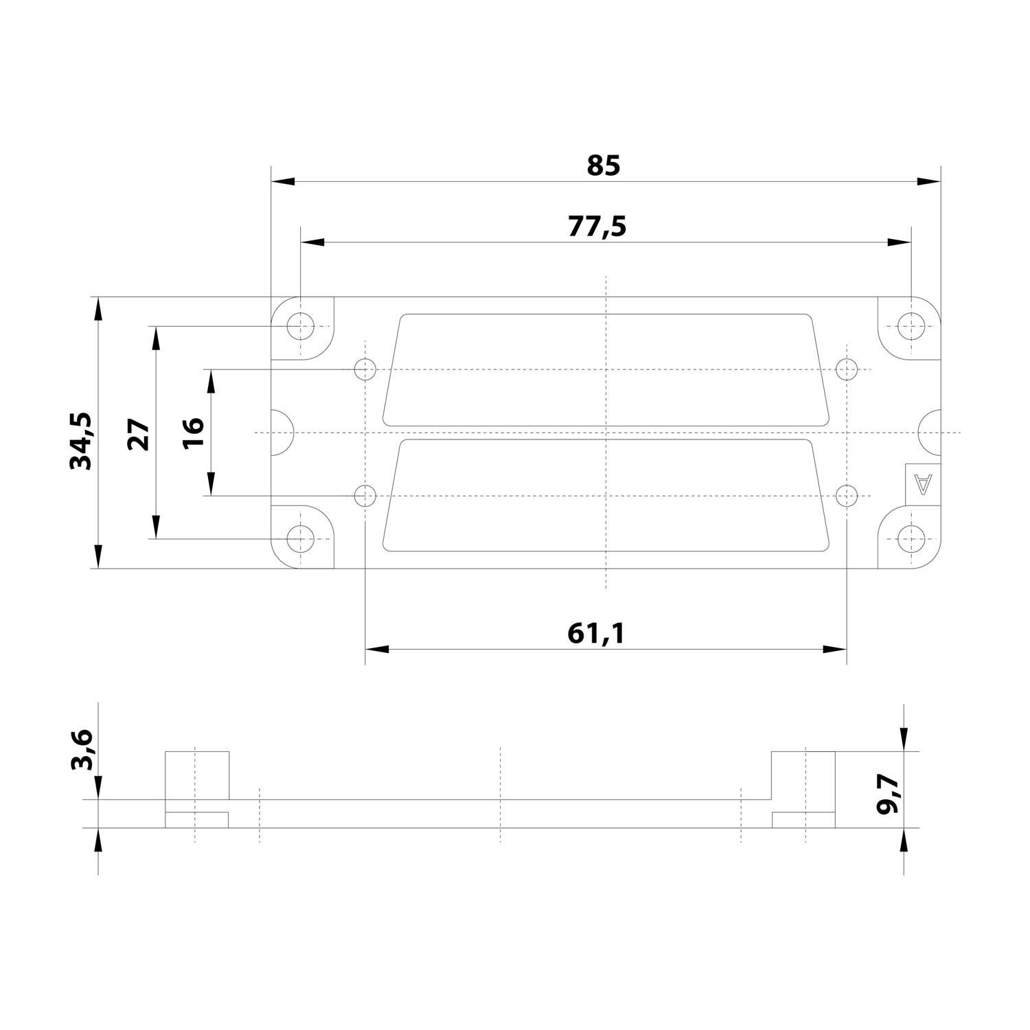 Diagramm zeigt Abmessungen eines rechteckigen Objekts mit zwei Abschnitten. Messwerte: Breite 85mm, Höhe 34,5mm, Dicke 9,7mm.