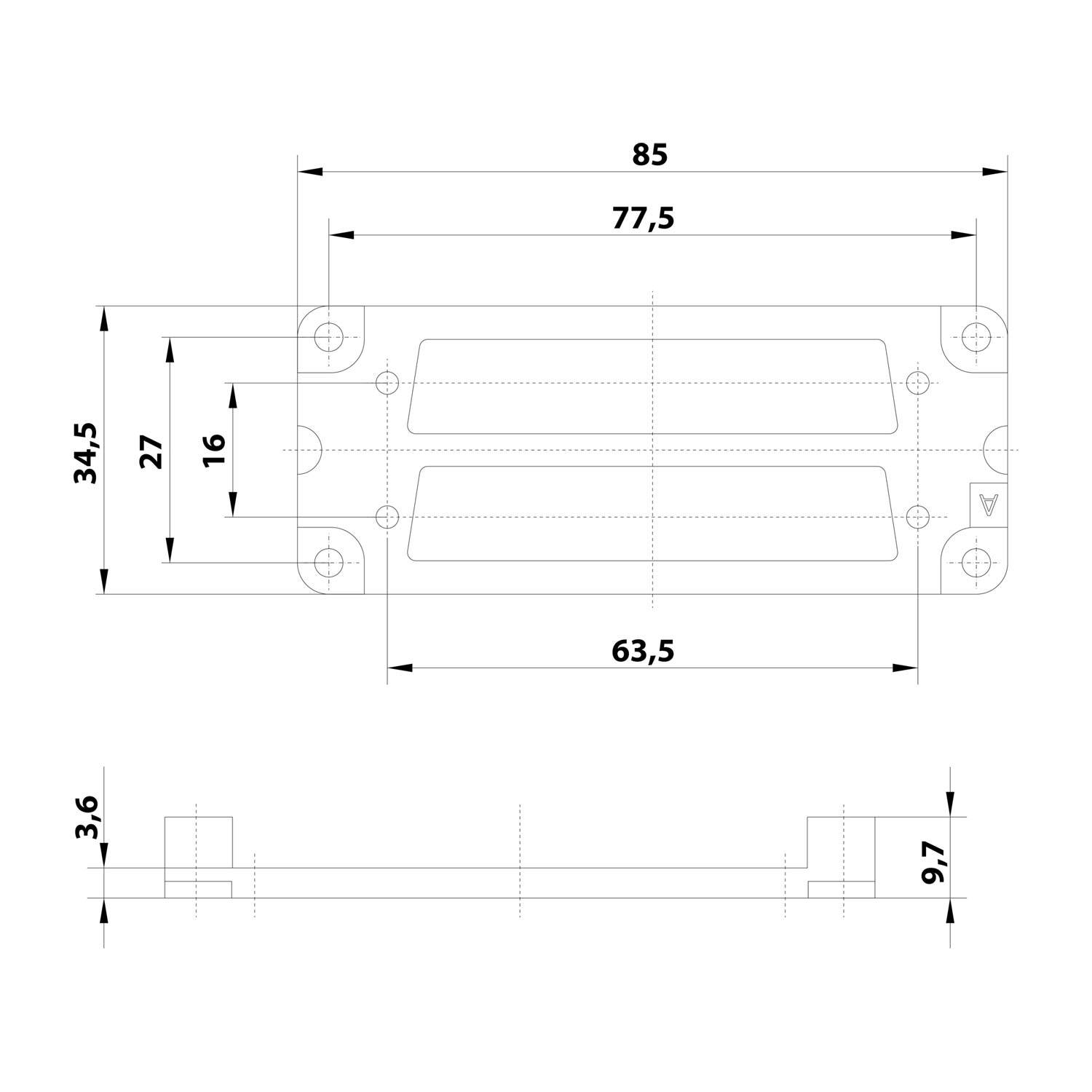 Technisches Diagramm einer Metallhalterung mit den Abmessungen: 85 mm Breite, 34,5 mm Höhe und 3,6 mm Dicke, mit Darstellung der Befestigungslöcher.