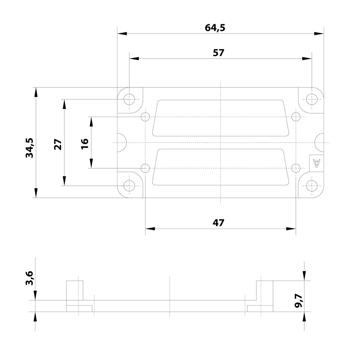 Eine technische Zeichnung eines rechteckigen Objekts mit Abmessungen: 64,5 Breite, 34,5 Höhe und Merkmalen bei 57, 47, 27, 16, 9,7 und 3,6 Einheiten.