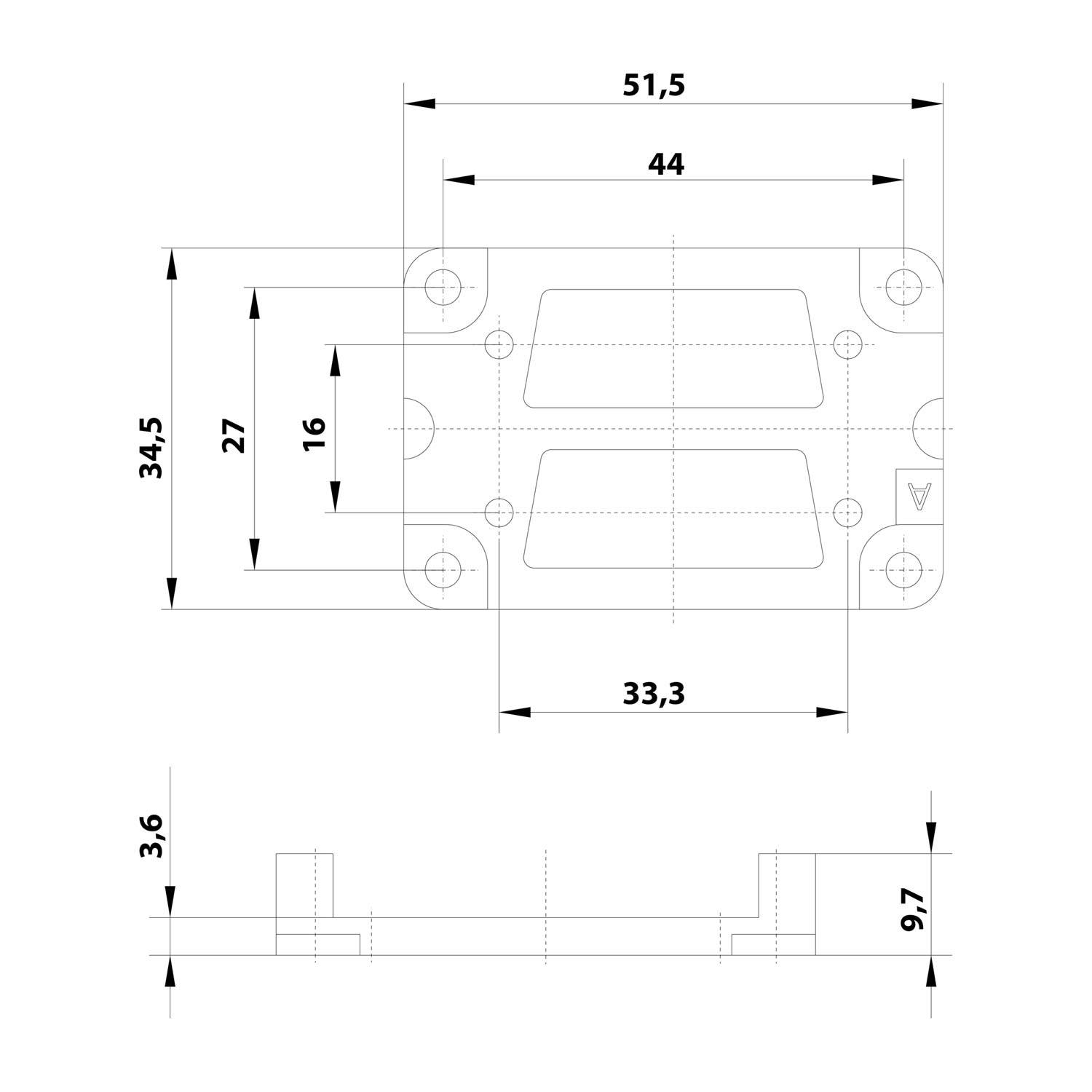 Technische Zeichnung einer rechteckigen Halterung mit Maßen: Breite 51,5; Höhe 34,5 mm; Dicke 3,6 mm; Innenbreite 44 mm.