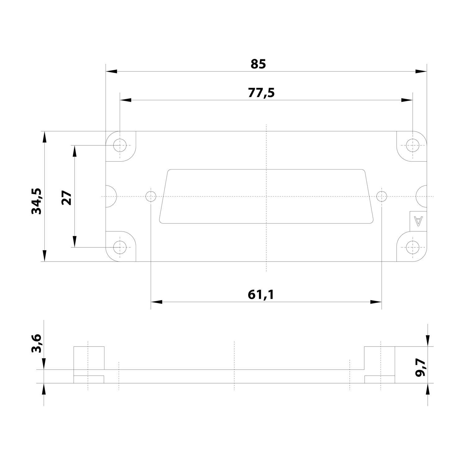 Technische Zeichnung eines rechteckigen Objekts mit Abmessungen: 85x34,5mm, Schlitze bei 77,5mm, Basishöhe 3,6mm, Befestigungsloch bei 61,1mm.