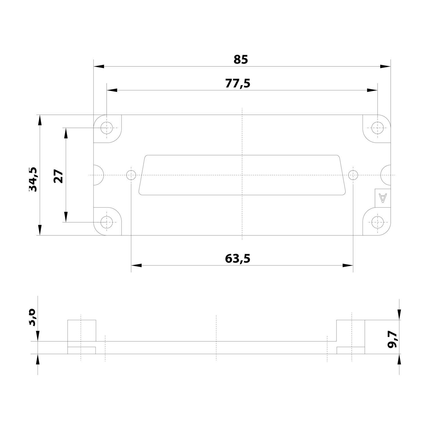 Technisches Diagramm mit Abmessungen einer rechteckigen Komponente mit Montagelöchern. Draufsicht: 85 mm Breite, 34,5 mm Höhe; Seitenansicht zeigt Dickenverlaufsprofile.