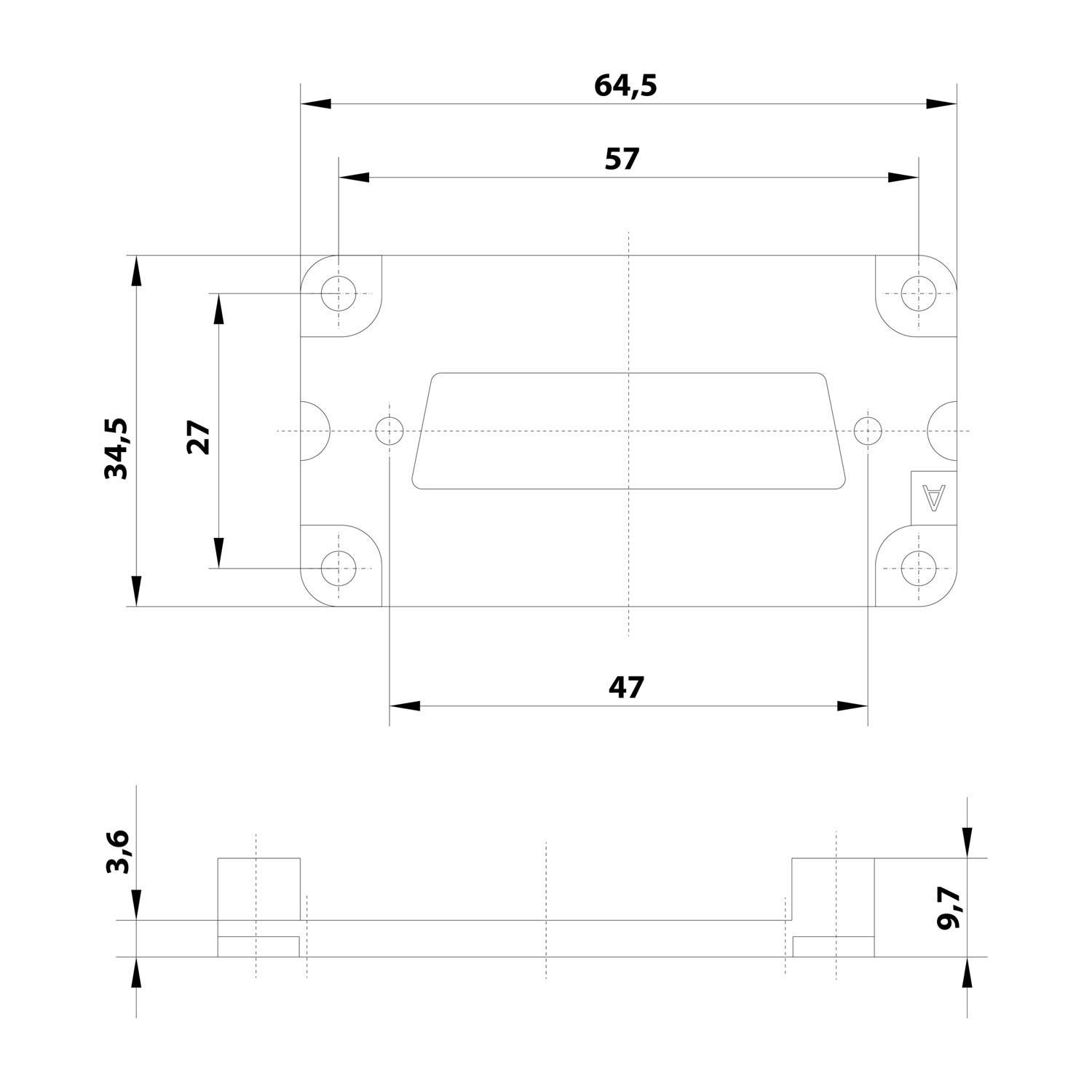 Eine technische Zeichnung einer rechteckigen Komponente mit beschrifteten Abmessungen. Die Draufsicht zeigt 64,5x34,5mm mit Bohrungen, und die Seitenansicht ist 9,7mm hoch.