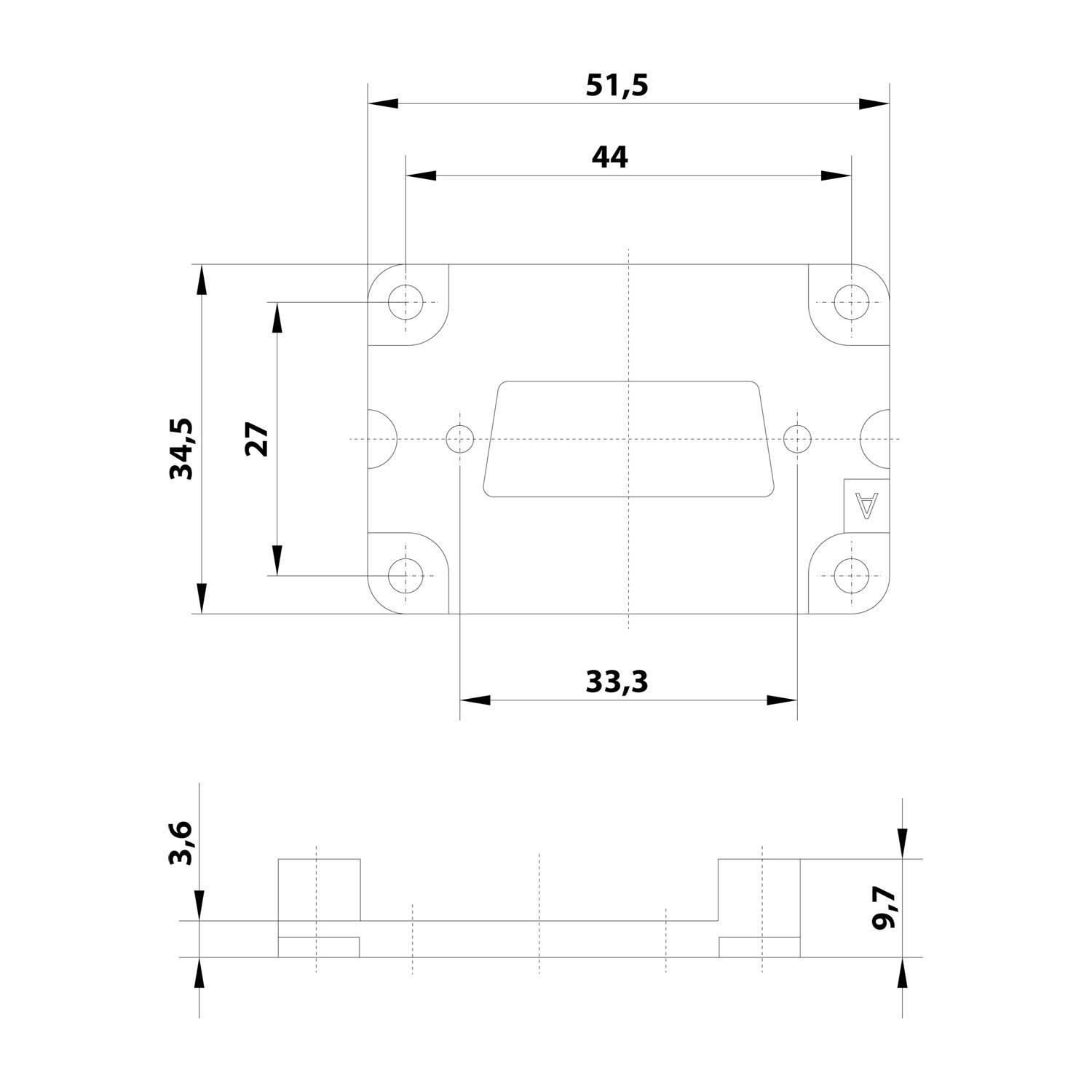 „Technische Zeichnung eines rechteckigen Bauteils mit den Abmessungen: 51,5 x 34,5 mm, inneren Abmessungen: 44 x 27 mm und Seitenelevationen.