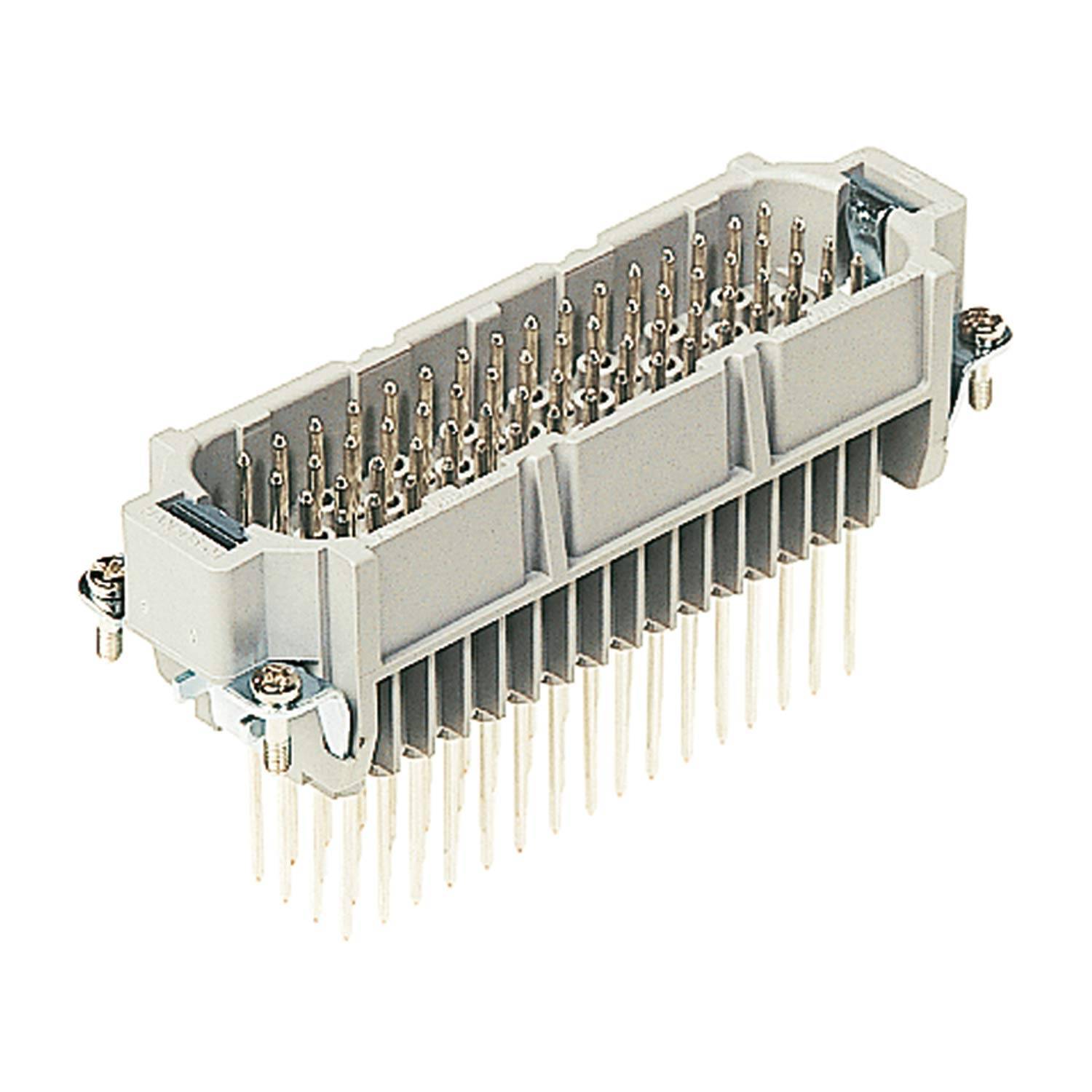 Ein rechteckiger elektrischer Stecker mit mehreren kleinen Stiften, die in Reihen angeordnet sind, an beiden Enden mit Schrauben befestigt.