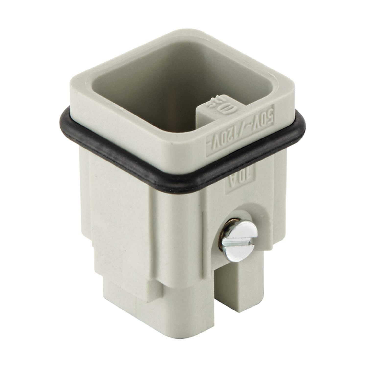 Ein rechteckiger grauer Elektrostecker mit einer sichtbaren Schraube an seiner Seite, entwickelt für die sichere Kabelverbindung.