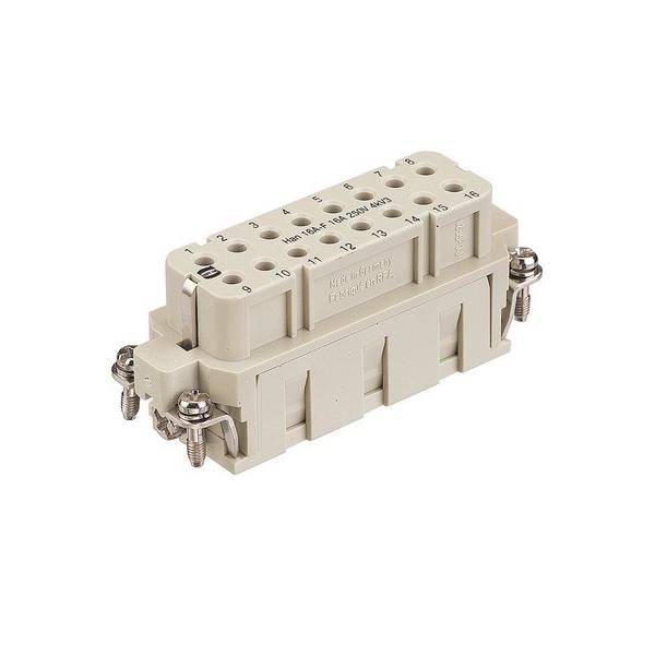 Ein beiger 16-poliger elektrischer Steckverbinder mit nummerierten Schlitzen und Metallschrauben an den Seiten, der für industrielle oder technische Anwendungen verwendet wird.