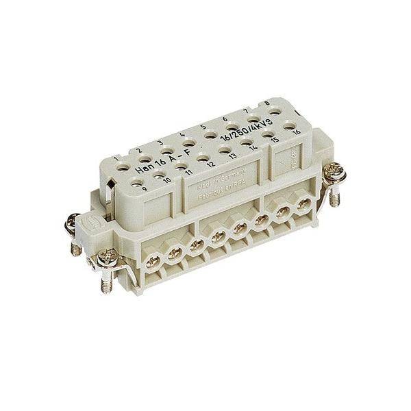 Ein weißer rechteckiger elektrischer Stecker, beschriftet mit Han 16 A, mit mehreren Steckplätzen und Nummern auf der Oberseite.