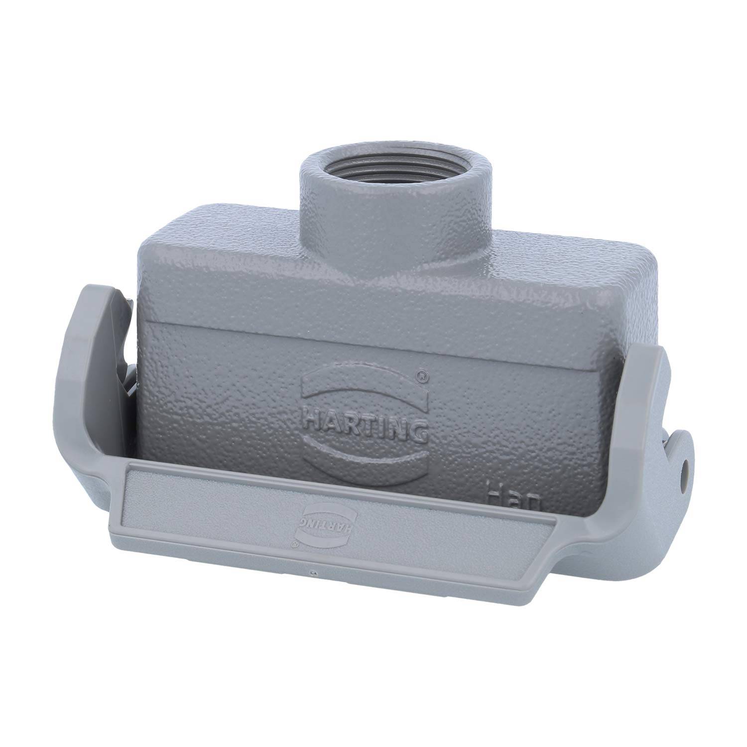 Ein graues Elektrostecker-Gehäuse mit eingepresstem 