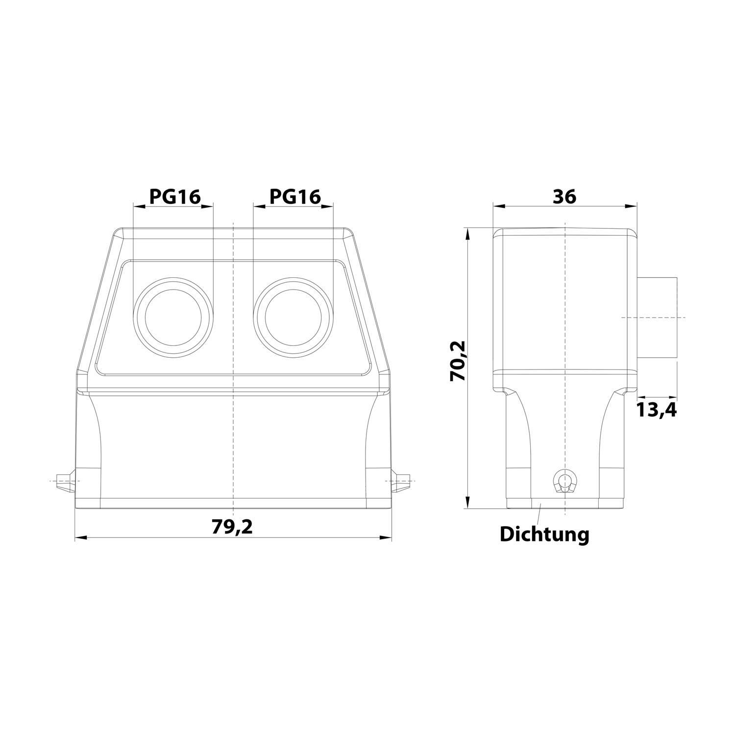 Technische Zeichnung eines rechteckigen Kastens mit zwei kreisförmigen Öffnungen oben. Abmessungen: 79,2 x 70,2 x 36 mm. Seitenansicht Höhe: 13,4 mm.