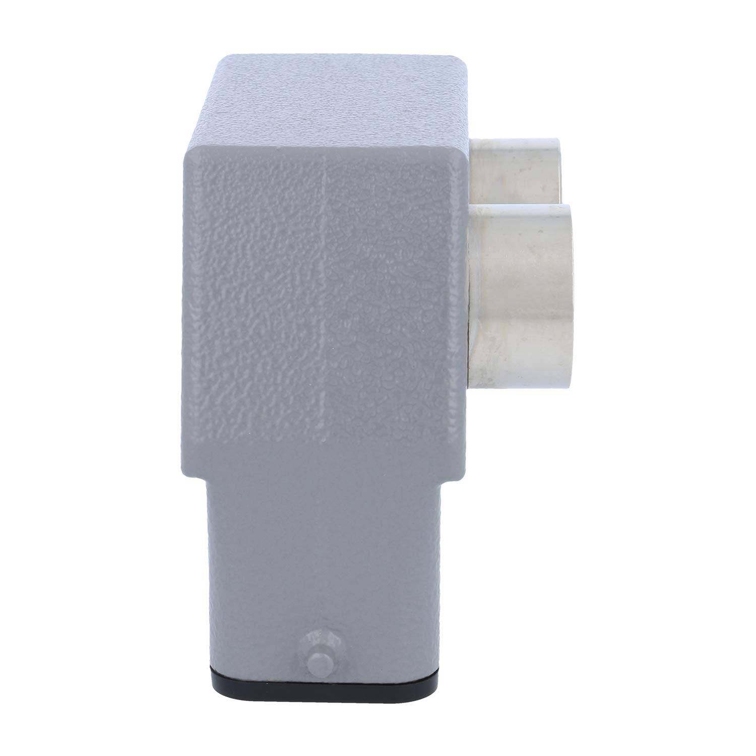 Ein grauer rechteckiger Elektrostecker-Gehäuse von der Seite betrachtet, mit zwei kreisförmigen Metallverbindungen auf der rechten Seite.