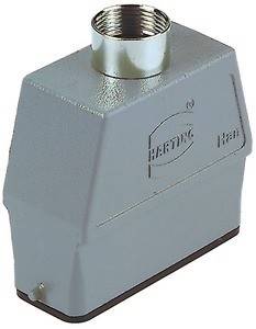 Rechteckiges Metallgehäuse eines HARTING-Steckverbinders, mit der Bezeichnung 'Han', verwendet für industrielle und elektrische Anwendungen.