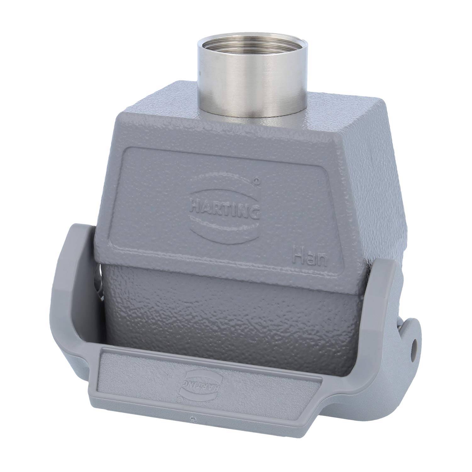 Ein rechteckiger grauer Industrie-Stecker mit einer metallischen Oberseite und einer stabilen Basis, gekennzeichnet mit der Marke „HARTING