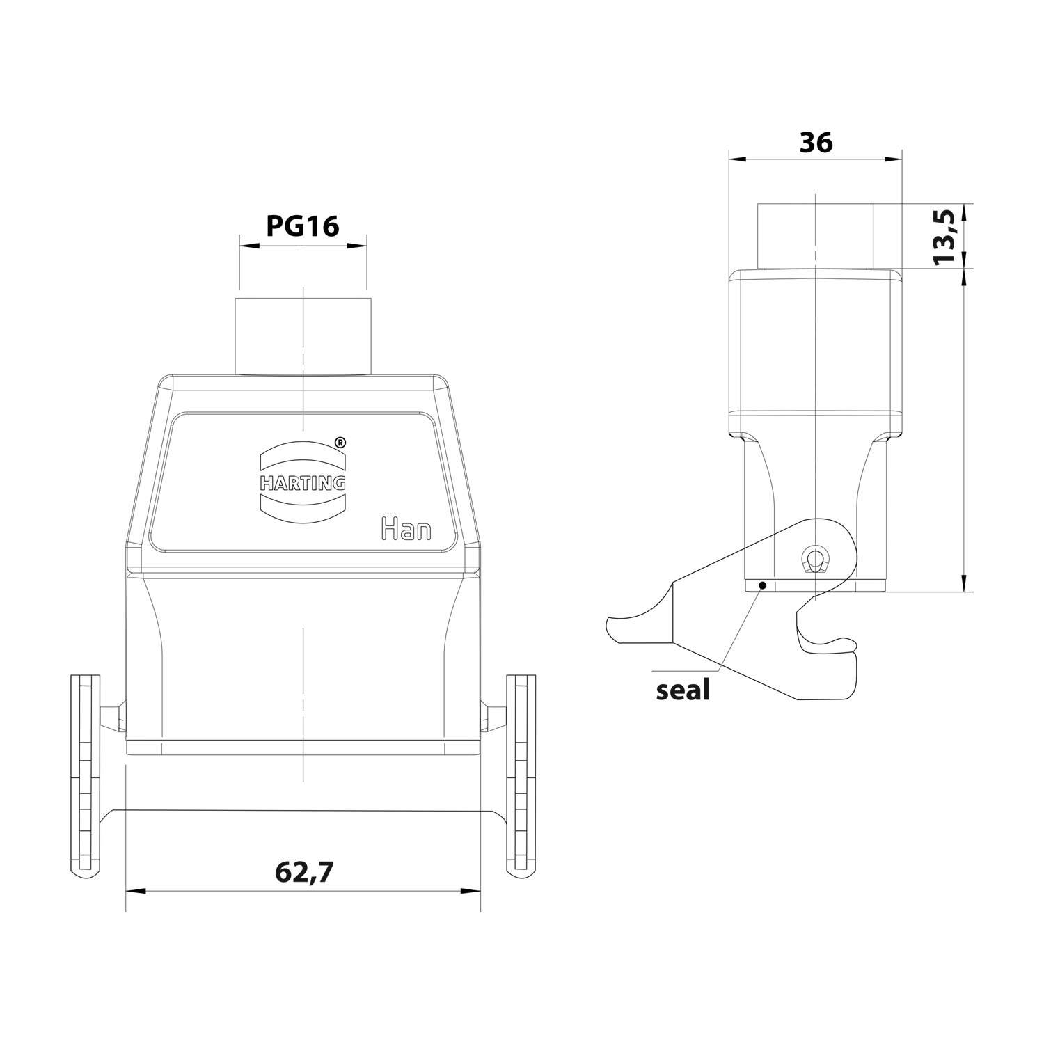 Technische Zeichnung eines Steckgehäuses mit Vorder- und Seitenansichten mit Abmessungen: Breite 62,7 mm, Höhe 36 mm und Dichtungsdetail.