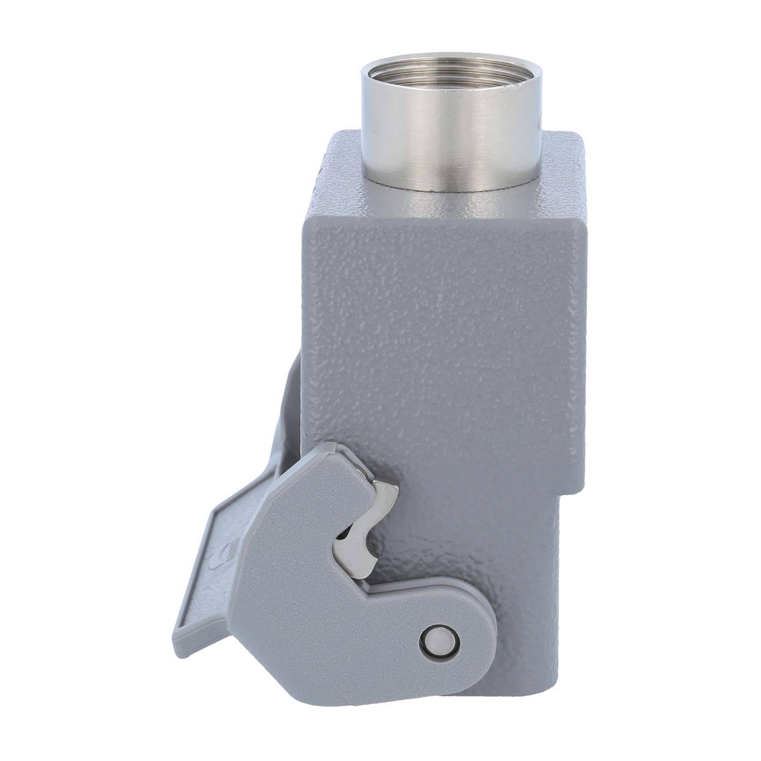 Graues Industriesteckergehäuse mit einer metallischen kreisförmigen Öffnung und einem angelenkten Verriegelungsmechanismus an der Seite.