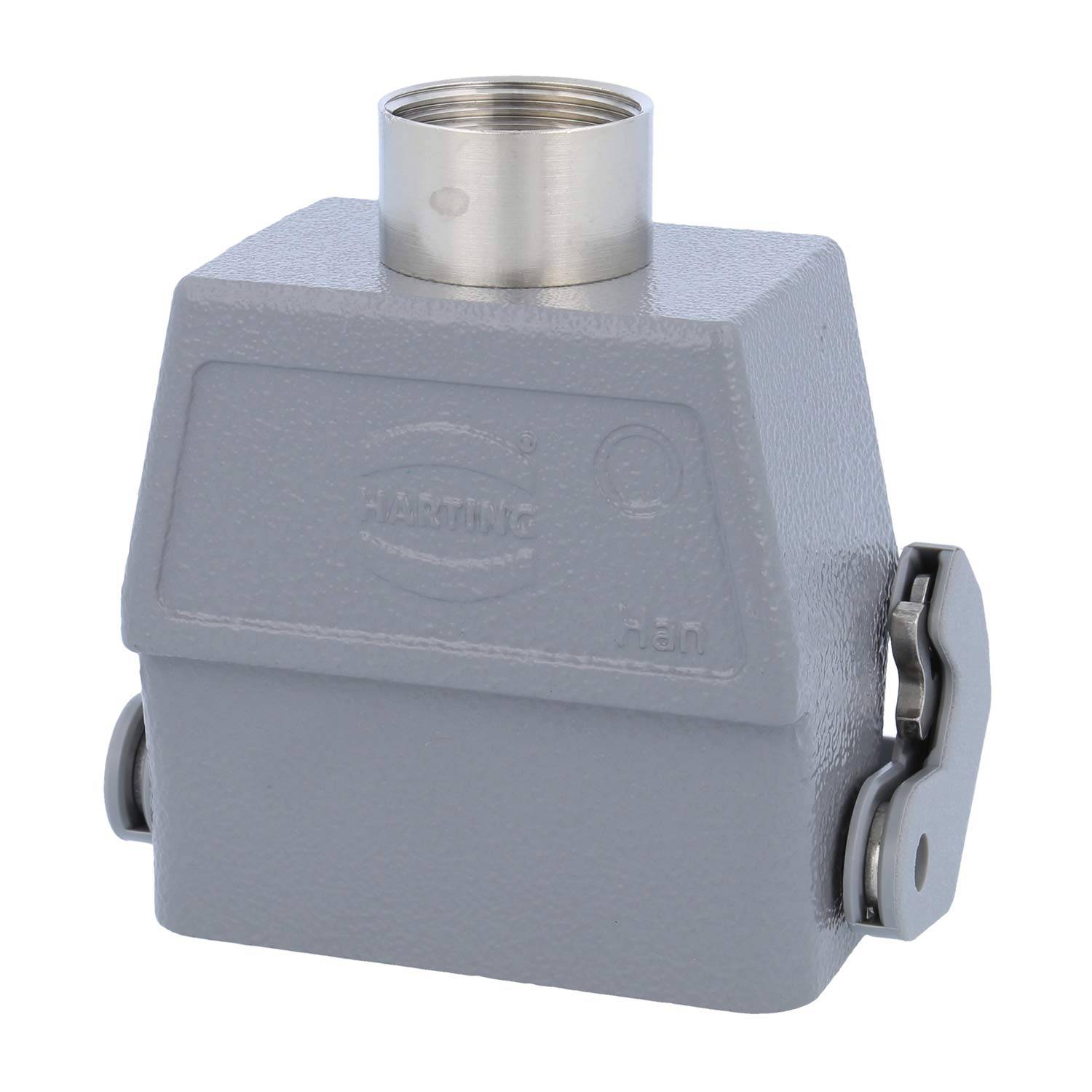 Ein rechteckiges, grau gefärbtes, strapazierfähiges Industriesteckergehäuse mit metallischer Oberseite und seitlichen Verriegelungen, auf der Oberfläche mit der Marke „HARTING